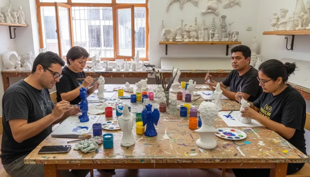 Pintura en marmolina, yeso y cerámica 